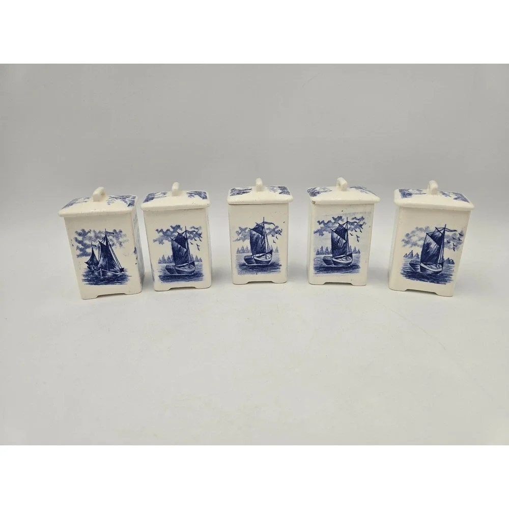 Vintage German Delft Blue Ceramic Spice Canister Set‎ Windmill Sailboat 5pc